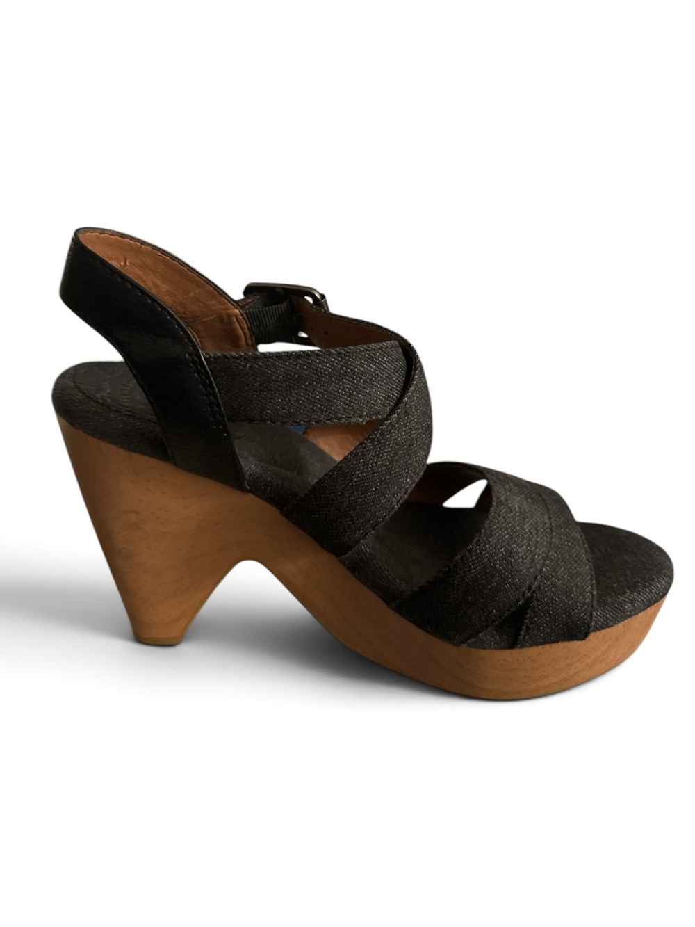 Lucky Brand Acacia Black Denim Tobacco Wood Platform Heeled Sandals Size 8M